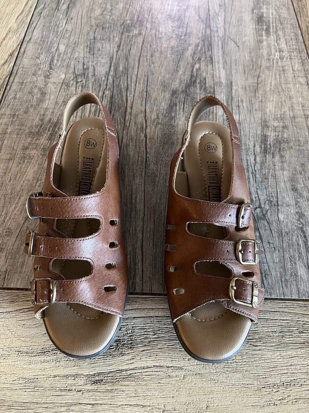 The Leather Collection Women’s Comfort Sandal Sling Back Tan Sz 8W Three Buckle